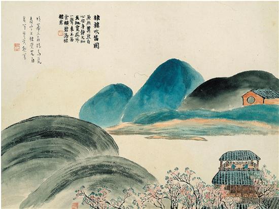 齊白石 石門二十四景之棣樓吹笛圖 34×45.5cm 冊(cè)頁(yè) 紙本設(shè)色 1910年 遼寧省博物館藏