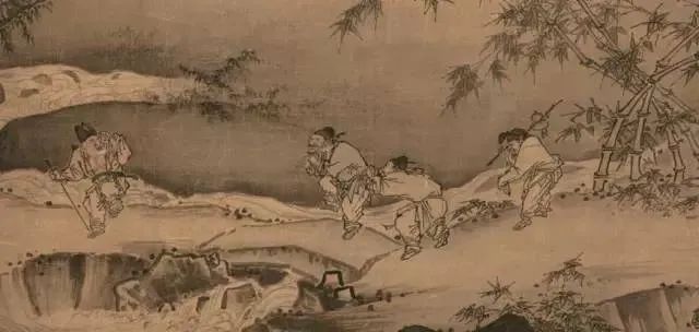 宋代馬遠(yuǎn)（1140-1225）以農(nóng)民勞動(dòng)為繪畫主題的《踏歌圖》，田埂上是一群農(nóng)民歡笑踏歌。