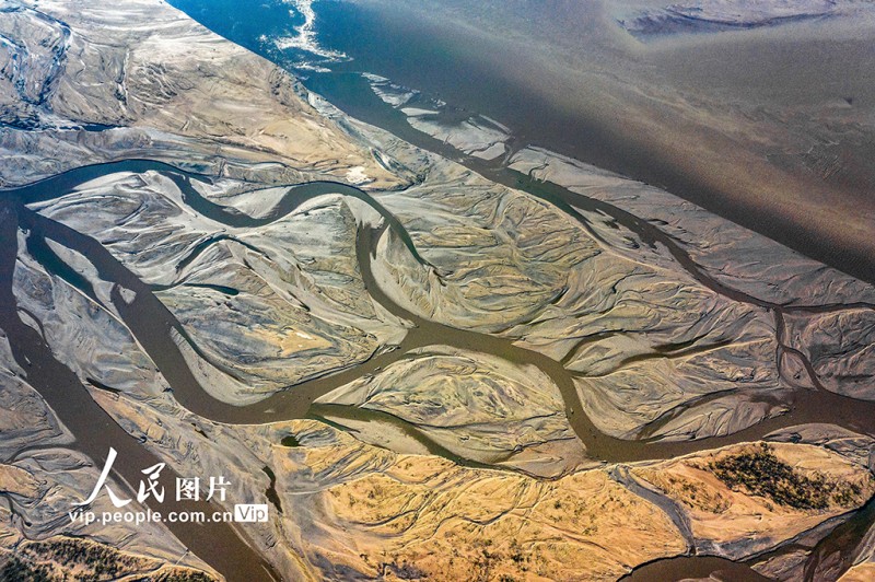 黃河水位下降 河床露出線(xiàn)條形態(tài)各異蔚為壯觀(guān)